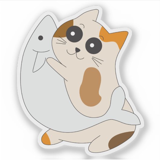 Autocollant de chat mignon ; Chaton avec poisson (Devant)