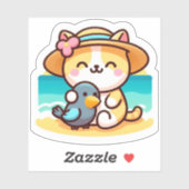 Autocollant de chat mignon kawaii à la plage (Feuille)
