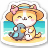 Autocollant de chat mignon kawaii à la plage (Devant)