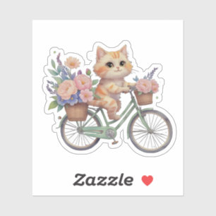 Autocollant de chat mignon sur vélo floral