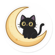 Autocollant de chat noir mignon sur un croissant d