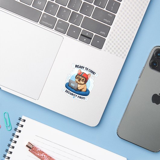 Autocollant de chien de cybersécurité codeur franç (Ordinateur portable avec iPhone)