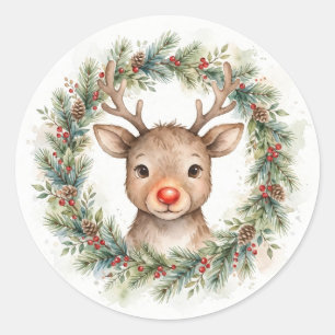 Autocollant de couronne de Noël au renne aquarelle