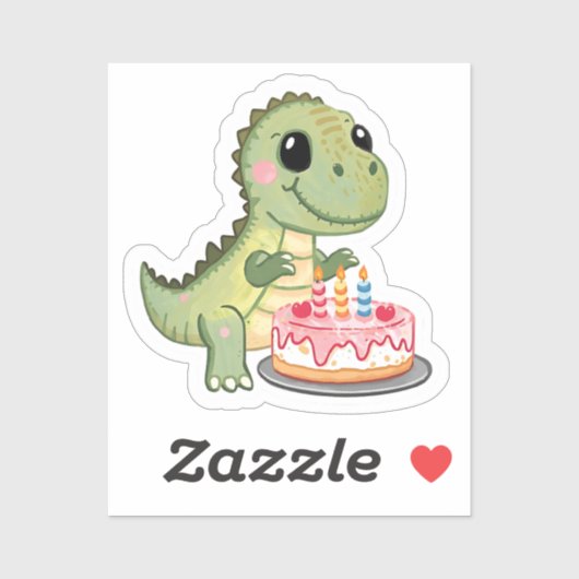 Autocollant de dinosaure mignon avec gâteau d'anni (Feuille)