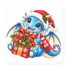 Autocollant de dragon de Noël bleu mignon