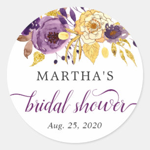 Autocollant de Faveur de Mariage Floral Or Violet