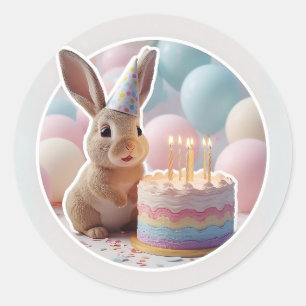 Autocollant de fête de lapin avec gâteau d'anniver