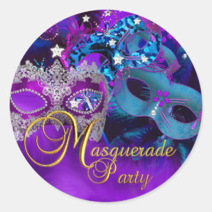 Autocollant de fête masquée Masques violets et ble