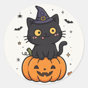 Autocollant de Halloween sorcière citrouille chat