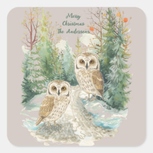 Autocollant de hibou de Noël – Aquarelle de forêt