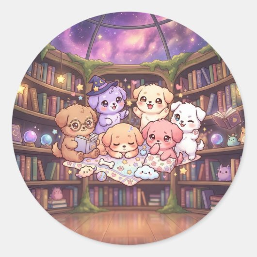 Autocollant de la bibliothèque de chiots mignons (Devant)