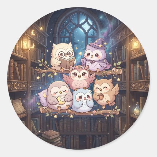 Autocollant de la bibliothèque du chouette mignon (Devant)