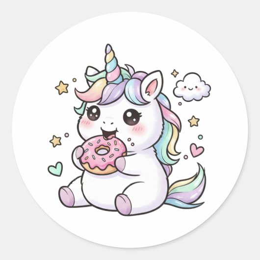 Autocollant de licorne kawaii mignonne mangeant un (Devant)