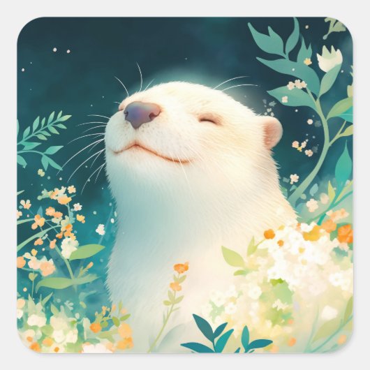 Autocollant de loutre paisible avec des fleurs (Devant)