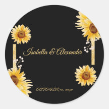 Autocollant de mariage élégant Tournesol Noir Or