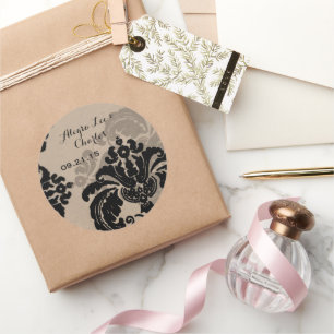 Autocollant de mariage en papier brun damas noir v