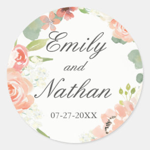 Autocollant de mariage floral aquarelle rose pêche