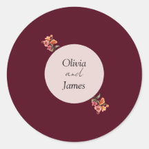 Autocollant de mariage floral rond Bourgogne pour 