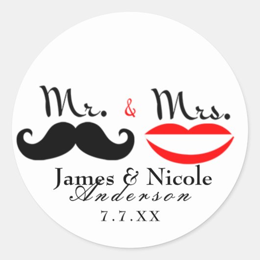 Autocollant de mariage lèvres moustache rétro M. & (Devant)