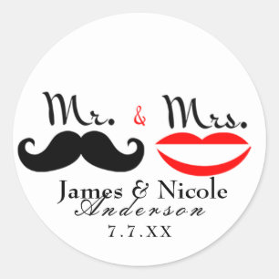 Autocollant de mariage lèvres moustache rétro M. &