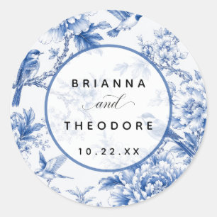 Autocollant de mariage vintage Fleurs oiseaux bleu