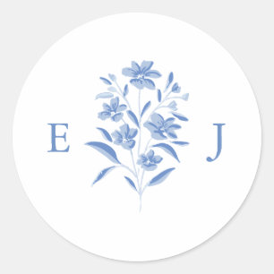 Autocollant de monogramme de mariage floral bleu e