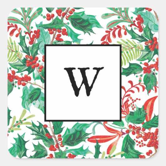 Autocollant de monogramme de Noël avec houx festif (Devant)