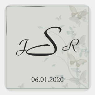 Autocollant de monogramme gris et bleu pour papill