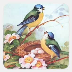 Autocollant de nid d'oiseaux bleus de printemps