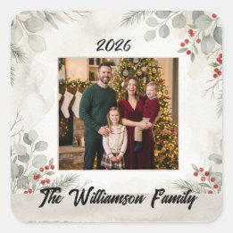 Autocollant de Noël avec photo de famille et verdu