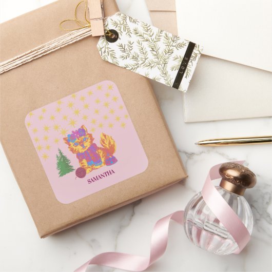 Autocollant de Noël de chat mignon rétro (Cadeaux)