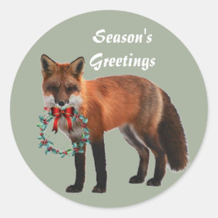 Autocollant de Noël Rond Renard Rustique, Brillant