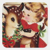 Autocollant de Noël vintage fille et rennes (Devant)
