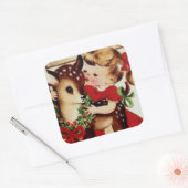 Autocollant de Noël vintage fille et rennes (Enveloppe)