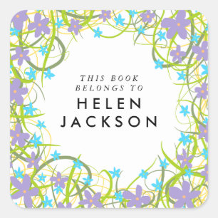 autocollant de nom de livre floral bleu pâle et li