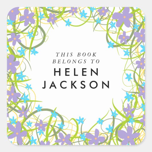 autocollant de nom de livre floral bleu pâle et li (Devant)