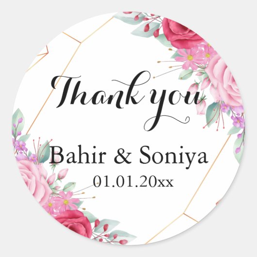 Autocollant de remerciement de mariage floral élég (Devant)