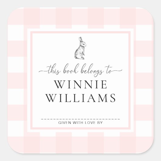 Autocollant de signet de livre Lapin Gingham Rose (Devant)