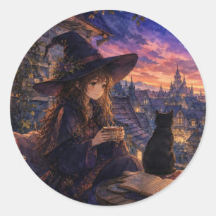 Autocollant de sorcière au coucher de soleil confo