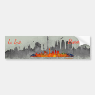 Autocollant De Voiture Barcelone Skyline watercolor in love