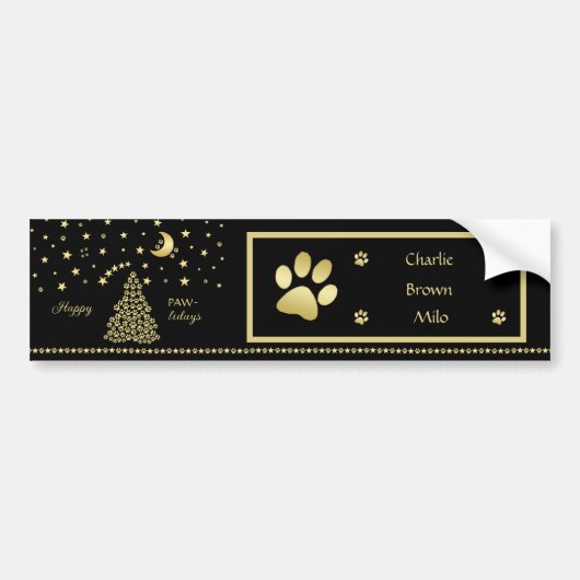 Autocollant De Voiture Joyeux Pawlidays, Or brillant Paw sapin de Noël (Devant)