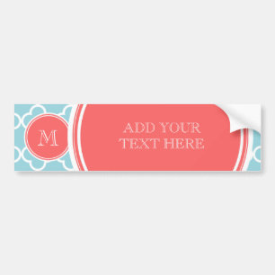 Autocollant De Voiture Motif bleu de Quatrefoil, monogramme de corail