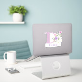 Autocollant découpé avec nom et initiale et motif  (Ordinateur portable sur le bureau)