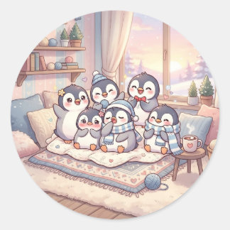 Autocollant d'hiver de la famille de manchots cosy