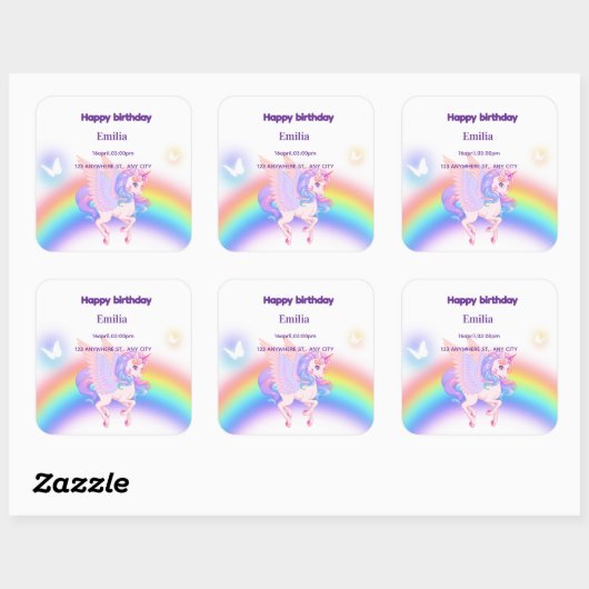 Autocollant d'invitation d'anniversaire Licorne Ar (Feuille)