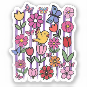 Autocollant doodle de jardin floral mignon Oiseau 