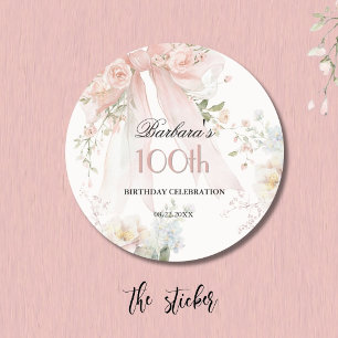 Autocollant Élégant Ruban Rose Floral 100e Anniver