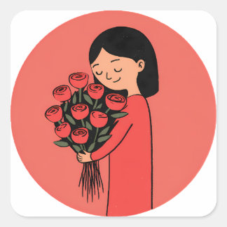 Autocollant Fille tenant des Roses Rouges ⭐