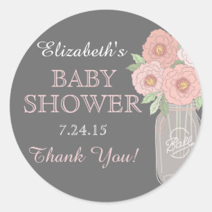 Autocollant Fleurs Pot Mason Gris Rose Baby Shower
