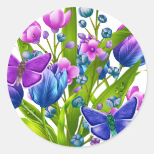 Autocollant floral bleu et pourpre avec des